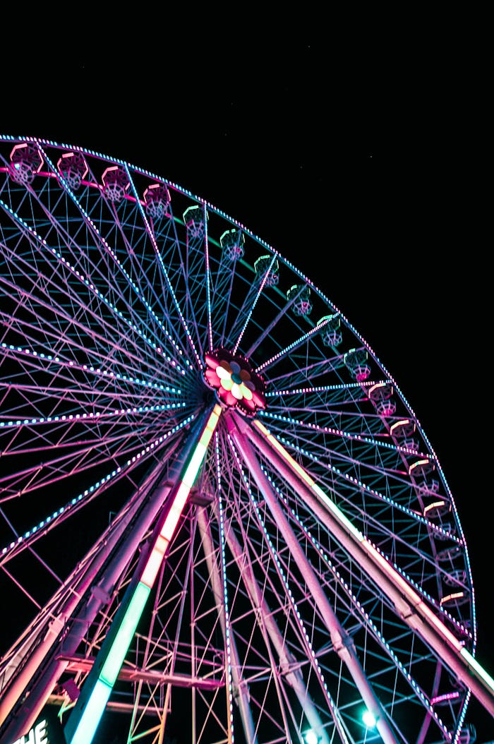 A brightly illuminated Ferris wheel with vibrant lights stands tall against the night sky in a theme park.